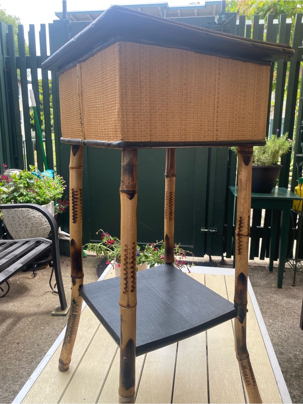 Rare Vintage Tiger Tortoise Burnt Bamboo Pedestal Storage Table